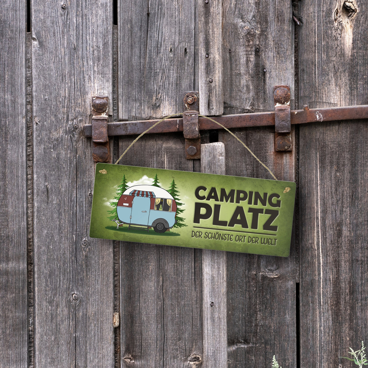 Campingplatz Metallschild schmal mit Wohnwagen Motiv Wohnmobil Urlaub Hobby Ort