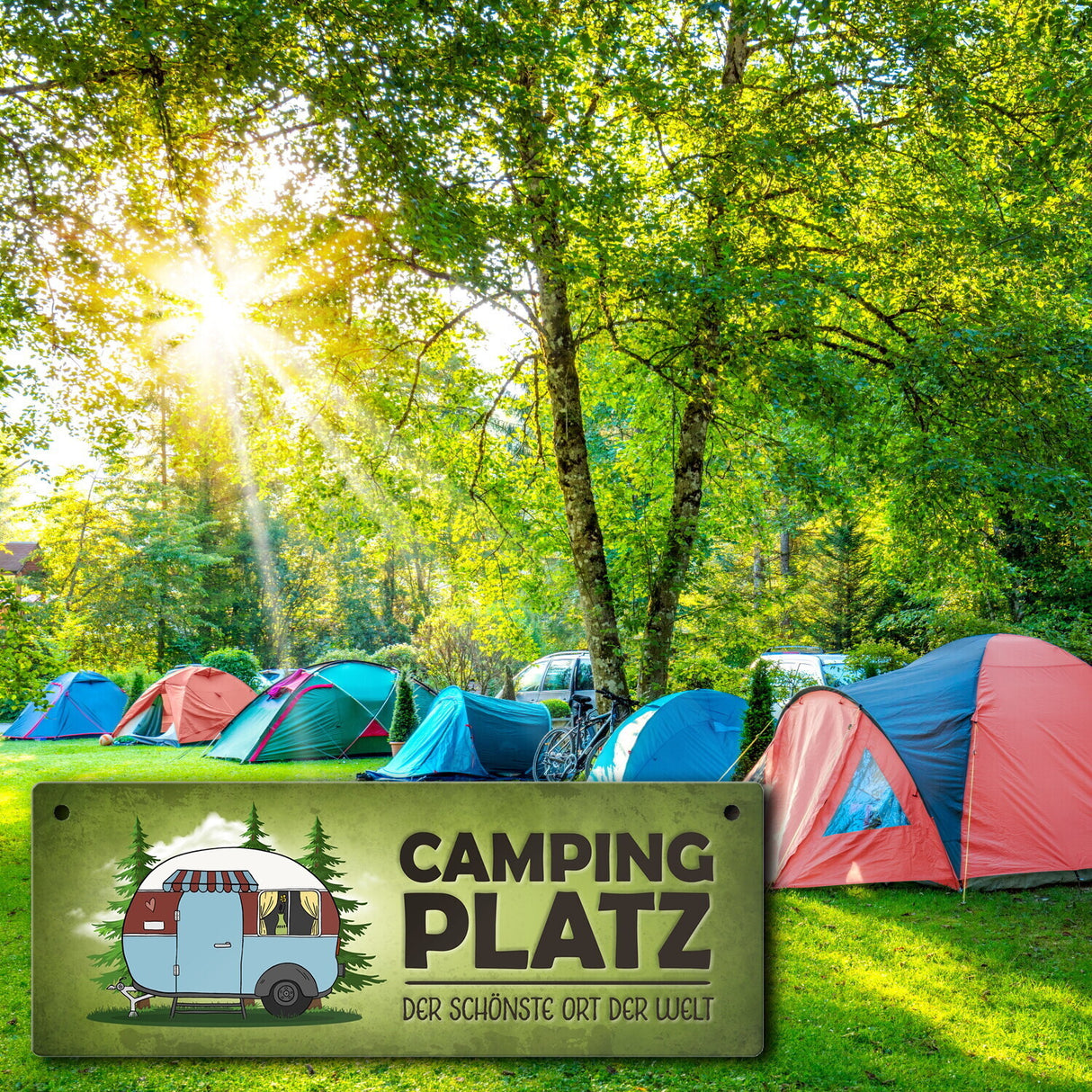 Campingplatz Metallschild schmal mit Wohnwagen Motiv Wohnmobil Urlaub Hobby Ort