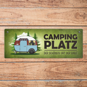 Campingplatz Metallschild schmal mit Wohnwagen Motiv Wohnmobil Urlaub Hobby Ort