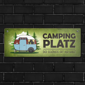 Campingplatz Metallschild schmal mit Wohnwagen Motiv Wohnmobil Urlaub Hobby Ort