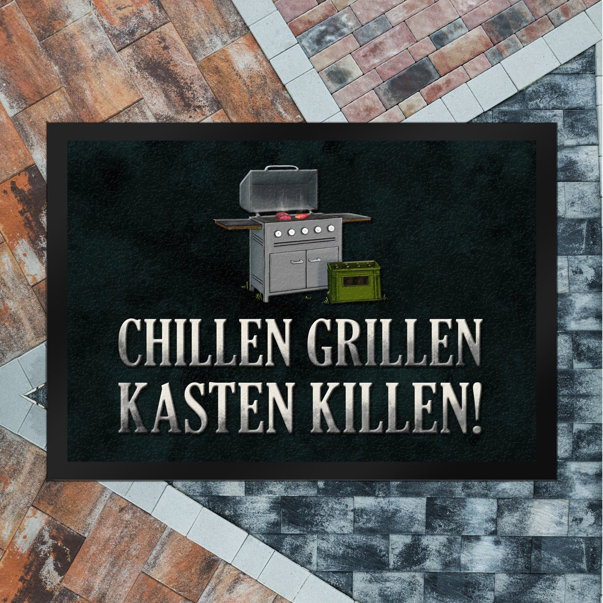 Chillen, grillen, Kasten killen Fußmatte mit Grill Motiv