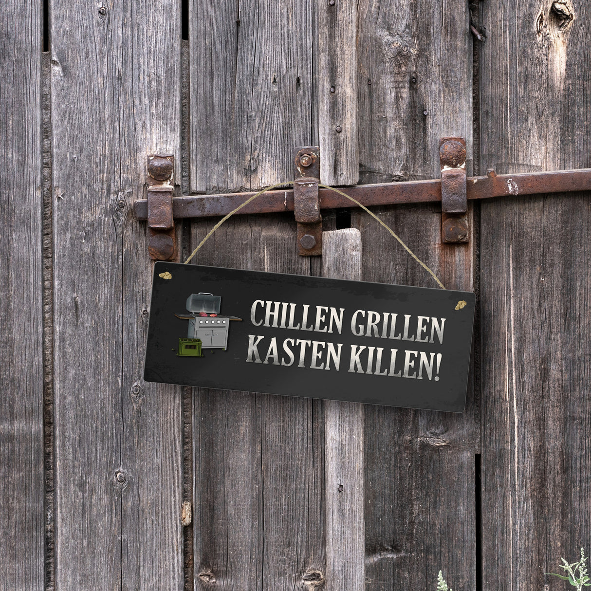 Chillen, grillen, Kasten killen Metallschild mit Grill Motiv