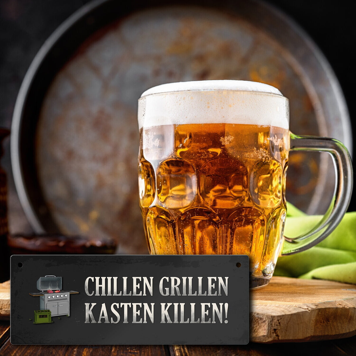Chillen, grillen, Kasten killen Metallschild mit Grill Motiv