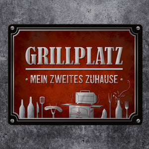 Grillplatz mein zweites Zuhause Metallschild Grill grillen Fleisch Bier Wurst Hobby Freunde