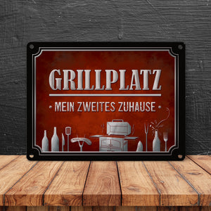 Grillplatz mein zweites Zuhause Metallschild Grill grillen Fleisch Bier Wurst Hobby Freunde
