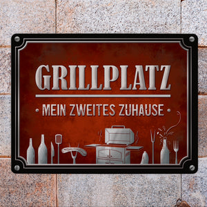 Grillplatz mein zweites Zuhause Metallschild Grill grillen Fleisch Bier Wurst Hobby Freunde