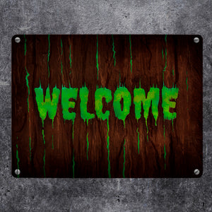Welcome Metallschild in Holz Optik Halloween Teufel Hölle Kind Kinder Nacht