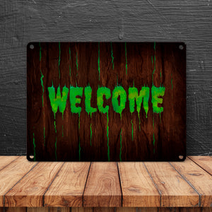Welcome Metallschild in Holz Optik Halloween Teufel Hölle Kind Kinder Nacht