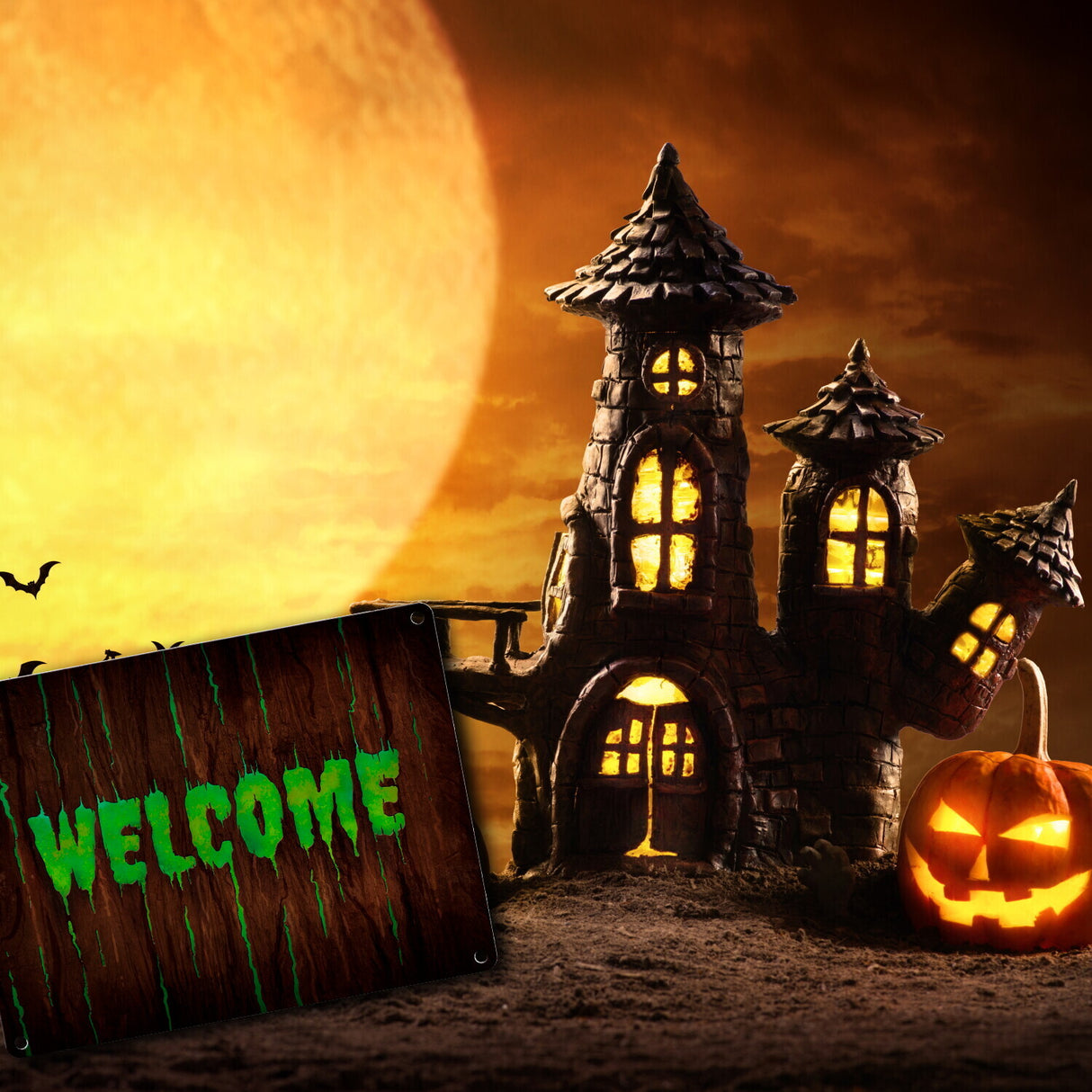 Welcome Metallschild in Holz Optik Halloween Teufel Hölle Kind Kinder Nacht