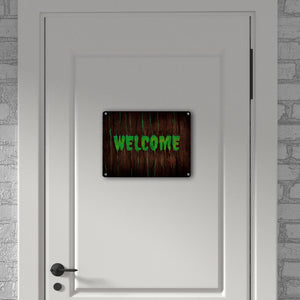 Welcome Metallschild in Holz Optik Halloween Teufel Hölle Kind Kinder Nacht