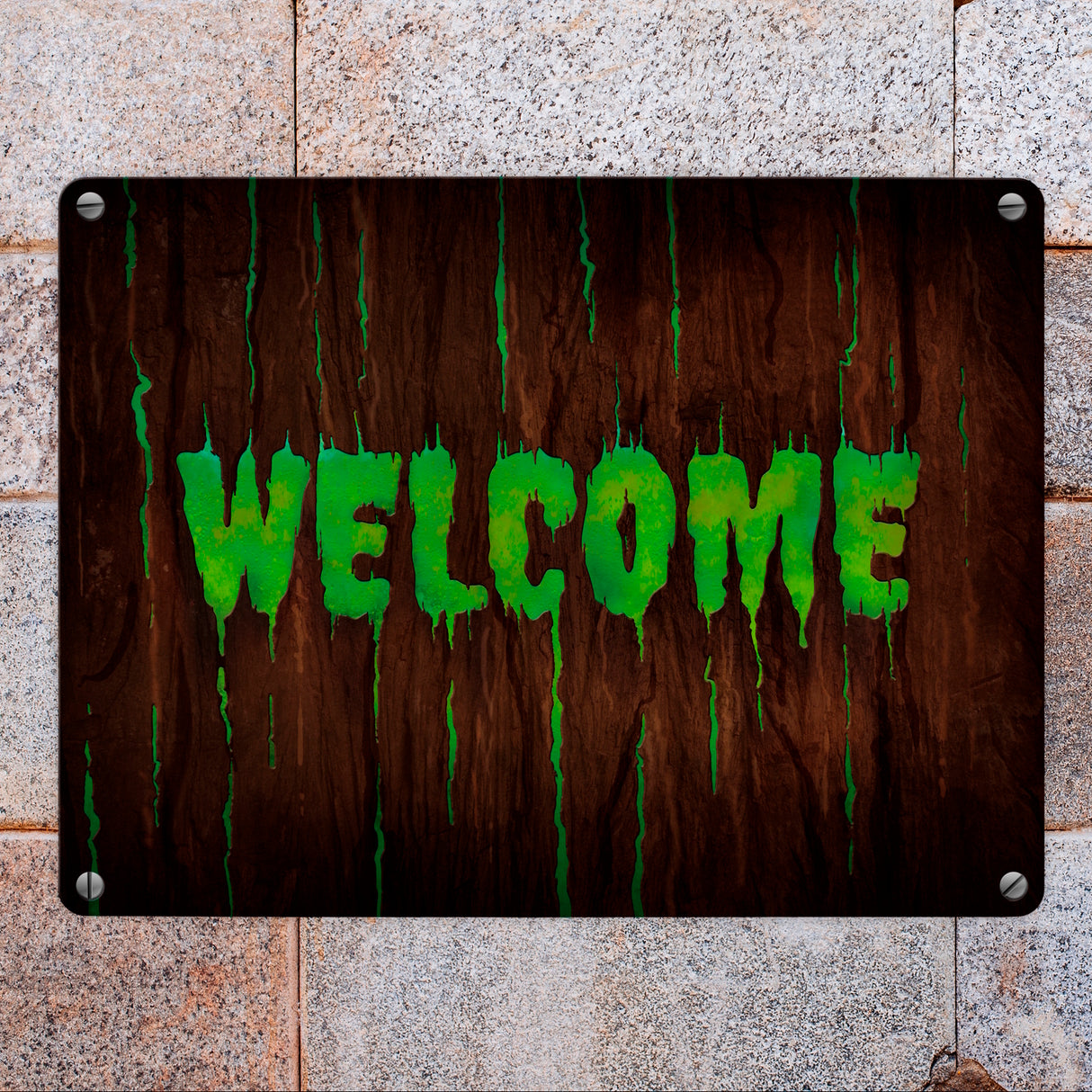 Welcome Metallschild in Holz Optik Halloween Teufel Hölle Kind Kinder Nacht