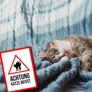 Achtung Katze beisst Metallschild mit Katzen Symbol
