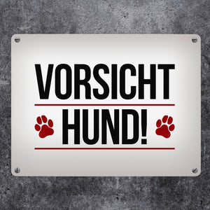 Vorsicht Hund! Metallschild mit Pfoten Motiv - Warnung Hinweis Achtung Warnschild