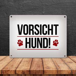 Vorsicht Hund! Metallschild mit Pfoten Motiv - Warnung Hinweis Achtung Warnschild