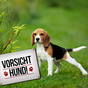 Vorsicht Hund! Metallschild mit Pfoten Motiv - Warnung Hinweis Achtung Warnschild