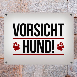 Vorsicht Hund! Metallschild mit Pfoten Motiv - Warnung Hinweis Achtung Warnschild