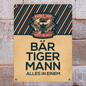 Bär-Tiger-Mann alles in einem Metallschild mit Barber-Shop Motiv