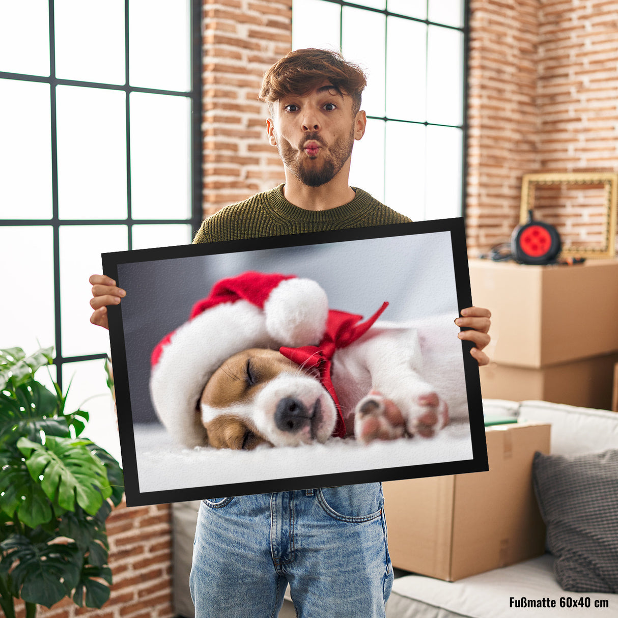 Weihnachtshund Jack mit Nikolausmütze Fußmatte