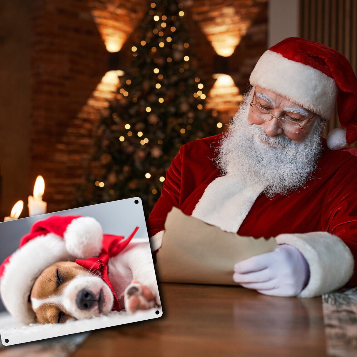 Weihnachtshund Jack mit Nikolausmütze Metallschild