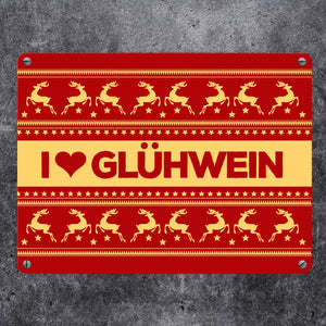 I love Glühwein Metallschild mit Weihnachtsmuster Motiv - Weihnachten Herz Advent Muster Rentier Stern Punkte