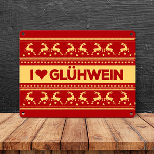 I love Glühwein Metallschild mit Weihnachtsmuster Motiv - Weihnachten Herz Advent Muster Rentier Stern Punkte