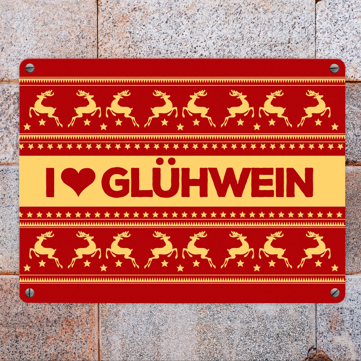 I love Glühwein Metallschild mit Weihnachtsmuster Motiv - Weihnachten Herz Advent Muster Rentier Stern Punkte