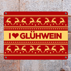 I love Glühwein Metallschild mit Weihnachtsmuster Motiv - Weihnachten Herz Advent Muster Rentier Stern Punkte