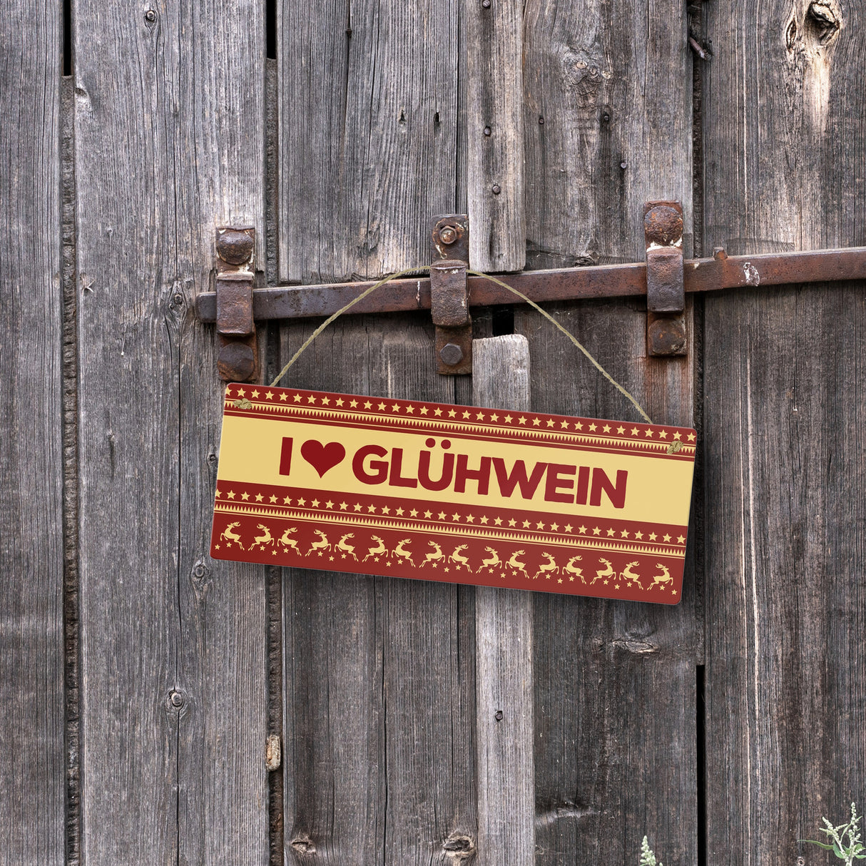 I love Glühwein Metallschild mit Weihnachtsmuster Motiv - Weihnachten Herz Muster Rentier Stern