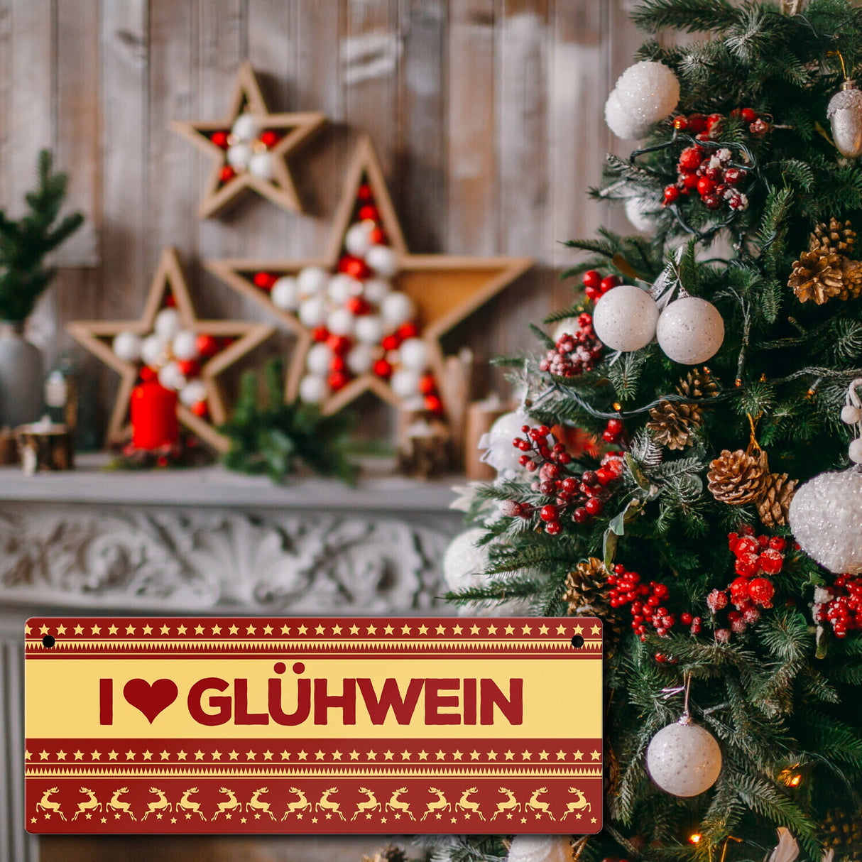 I love Glühwein Metallschild mit Weihnachtsmuster Motiv - Weihnachten Herz Muster Rentier Stern