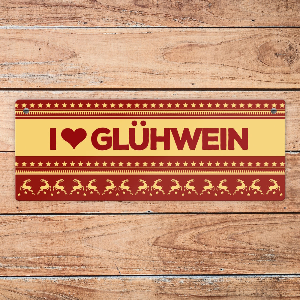 I love Glühwein Metallschild mit Weihnachtsmuster Motiv - Weihnachten Herz Muster Rentier Stern