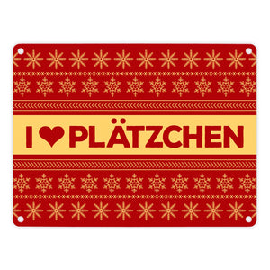 I love Plätzchen Metallschild mit Weihnachtsmuster Motiv - Weihnachten Herz Sterne Schnee Punkte Muster