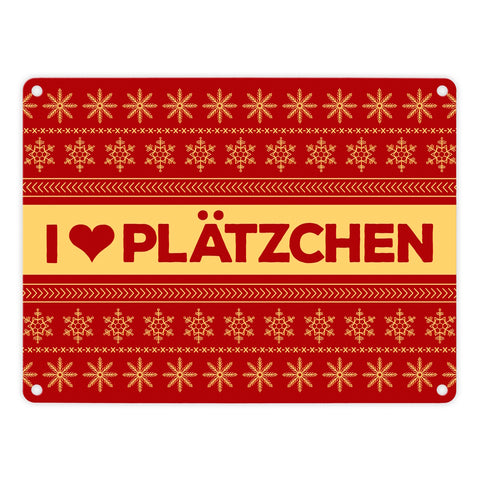 I love Plätzchen Metallschild mit Weihnachtsmuster Motiv - Weihnachten Herz Sterne Schnee Punkte Muster