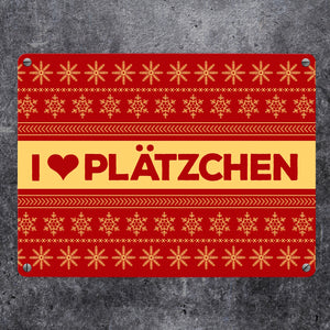 I love Plätzchen Metallschild mit Weihnachtsmuster Motiv - Weihnachten Herz Sterne Schnee Punkte Muster
