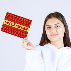 I love Plätzchen Metallschild mit Weihnachtsmuster Motiv - Weihnachten Herz Sterne Schnee Punkte Muster