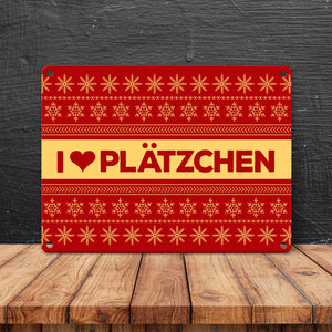 I love Plätzchen Metallschild mit Weihnachtsmuster Motiv - Weihnachten Herz Sterne Schnee Punkte Muster