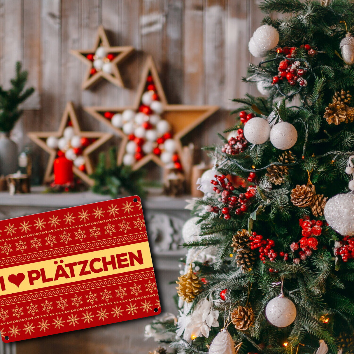 I love Plätzchen Metallschild mit Weihnachtsmuster Motiv - Weihnachten Herz Sterne Schnee Punkte Muster