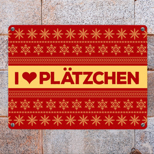 I love Plätzchen Metallschild mit Weihnachtsmuster Motiv - Weihnachten Herz Sterne Schnee Punkte Muster