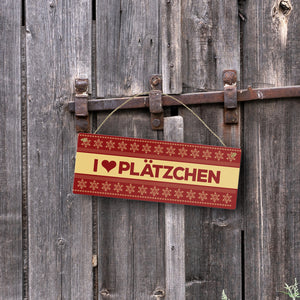 I love Plätzchen Metallschild mit Weihnachtsmuster Motiv - Weihnachten Herz Schnee Sterne Punkte Muster