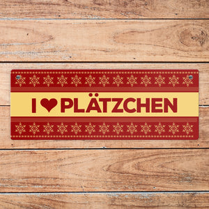I love Plätzchen Metallschild mit Weihnachtsmuster Motiv - Weihnachten Herz Schnee Sterne Punkte Muster
