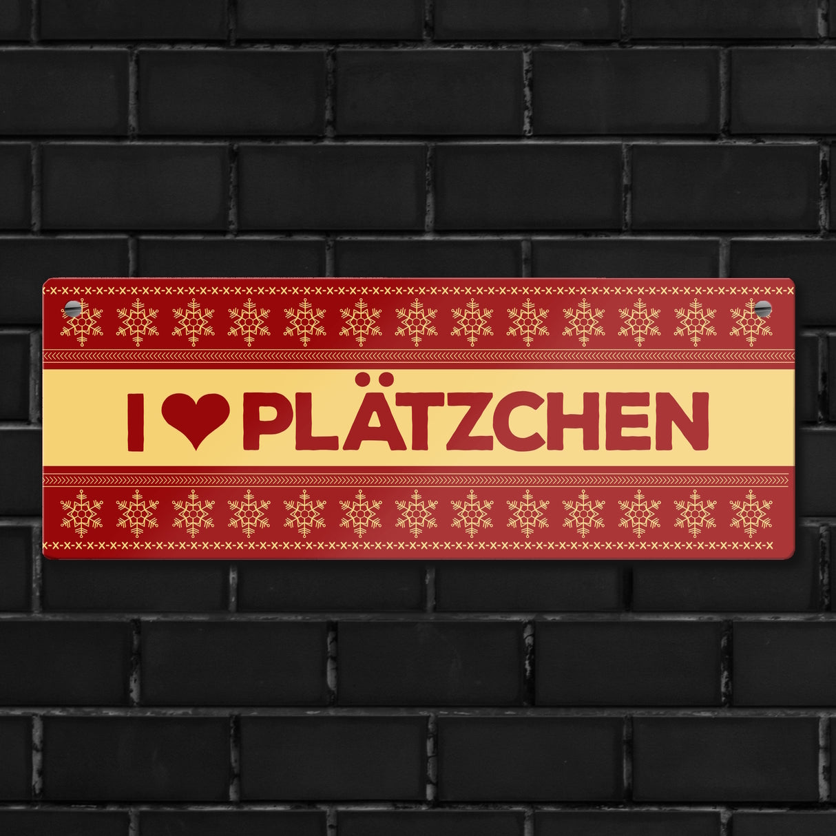 I love Plätzchen Metallschild mit Weihnachtsmuster Motiv - Weihnachten Herz Schnee Sterne Punkte Muster