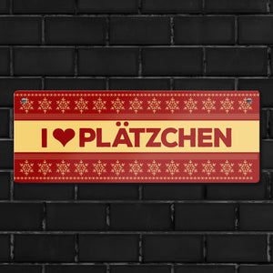 I love Plätzchen Metallschild mit Weihnachtsmuster Motiv - Weihnachten Herz Schnee Sterne Punkte Muster