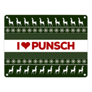 I love Punsch Metallschild mit Weihnachtsmuster Motiv - Weihnachten Herz Rentier Sterne Schnee Punkte Muster