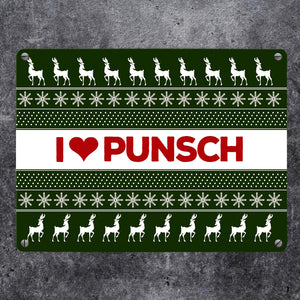 I love Punsch Metallschild mit Weihnachtsmuster Motiv - Weihnachten Herz Rentier Sterne Schnee Punkte Muster