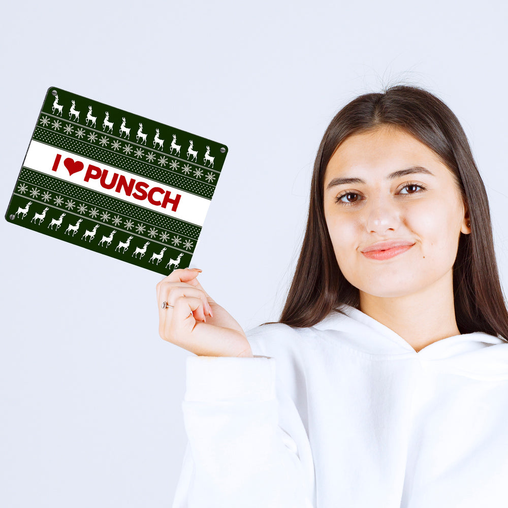 I love Punsch Metallschild mit Weihnachtsmuster Motiv - Weihnachten Herz Rentier Sterne Schnee Punkte Muster