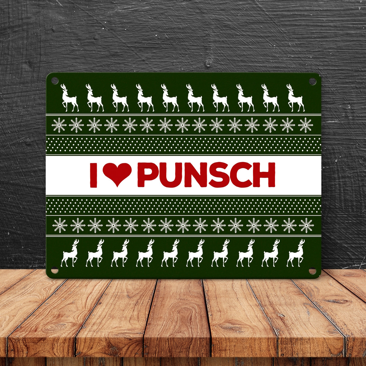 I love Punsch Metallschild mit Weihnachtsmuster Motiv - Weihnachten Herz Rentier Sterne Schnee Punkte Muster