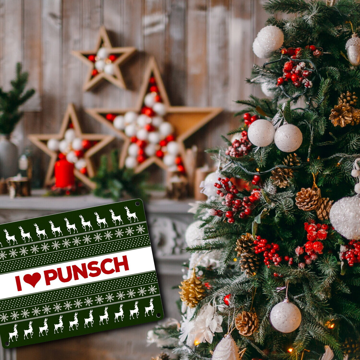 I love Punsch Metallschild mit Weihnachtsmuster Motiv - Weihnachten Herz Rentier Sterne Schnee Punkte Muster