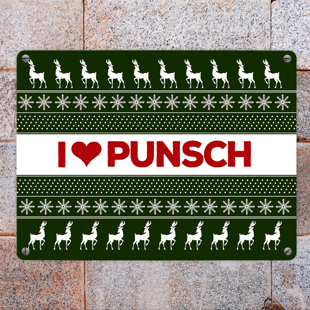 I love Punsch Metallschild mit Weihnachtsmuster Motiv - Weihnachten Herz Rentier Sterne Schnee Punkte Muster