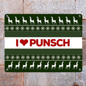 I love Punsch Metallschild mit Weihnachtsmuster Motiv - Weihnachten Herz Rentier Sterne Schnee Punkte Muster