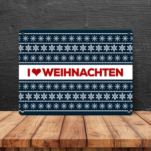 I love Weihnachten Metallschild mit Weihnachtsmuster Motiv - Weihnachten Herz Liebe Stern Schnee