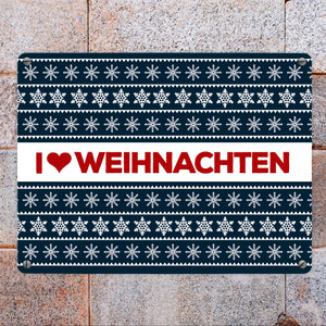 I love Weihnachten Metallschild mit Weihnachtsmuster Motiv - Weihnachten Herz Liebe Stern Schnee